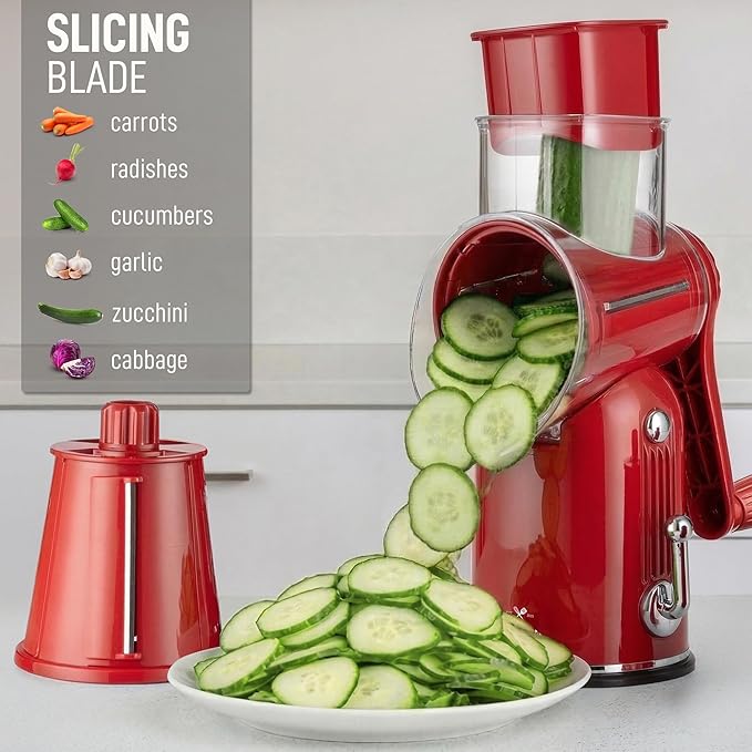 Zulay Kitchen Rotary Cheese Grater 5 Blade Cheese Shredder - Manual Hand Crank Cheese Grater With Reinforced Suction & 5 Interchangeable Drums - Easy to Use, Vegetable Chopper Round Mandoline Slicer