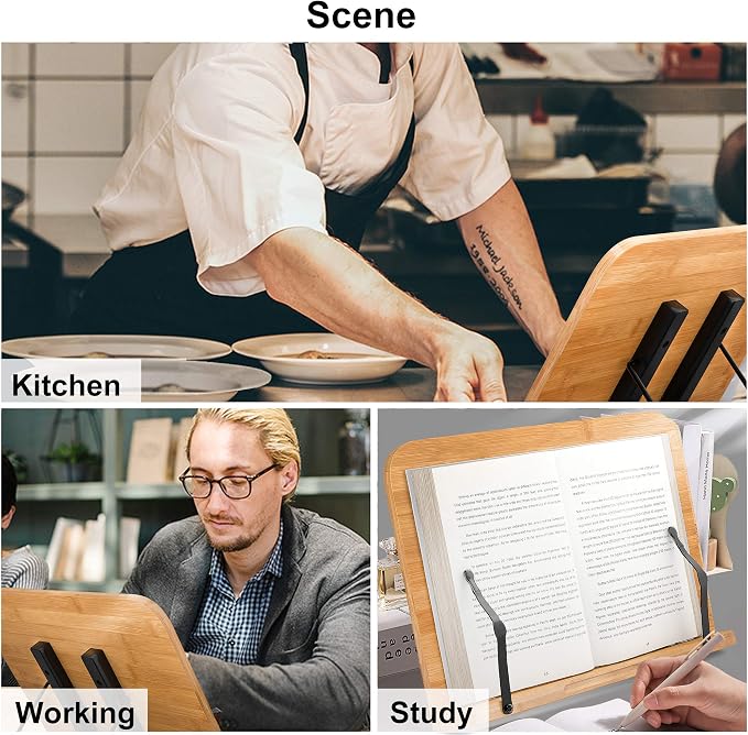 Readaeer Bamboo Book Stand, Large Book Holder with 6 Adjustable Height, Foldable Cookbook Stand Desktop Document Holder for Kitchen & Office (13.4 x 9.3 Inch)