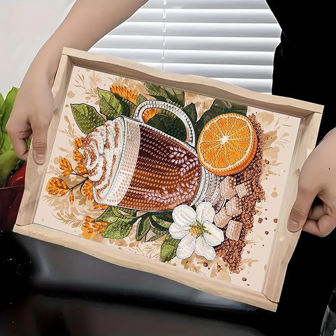 BAYUNOE DIY Diamond Serving Tray Rectangular Breakfast Tray with Handle Handmade Diamond Art Painting Wooden Tray Spring Creative Dinner Plate Coffee Room Living Home Organizer-Coffee