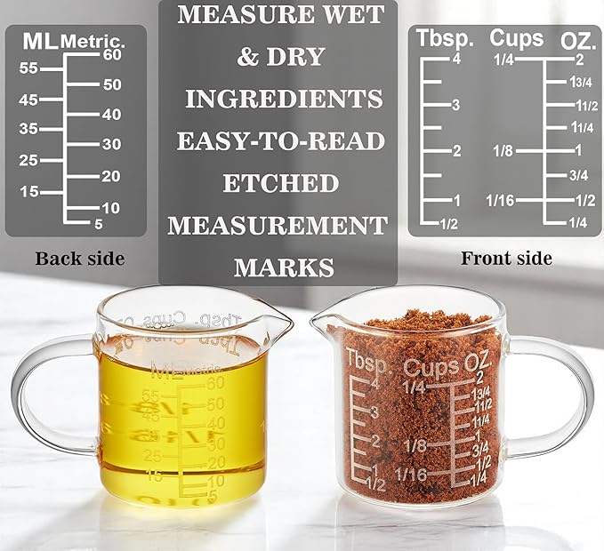 Ackers Etching Scale Measuring Glass -[Insulated handle | V-Shaped Spout]-Made of High Borosilicate Glass Measuring for Kitchen or Restaurant, Easy to Read, 60 ML (2 Oz) 丨(2 Pack)
