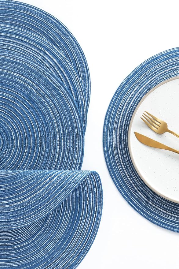 Floroom 15 Inch Round Braided Placemats Set of 4, Washable Heat Resistant Cotton Polyester Circle Place Mats for Kitchen Dining Table - Seascape Blue