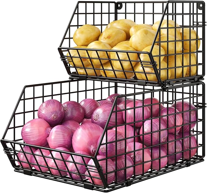 2-Tier Stackable Wire Baskets for Counter, Potato and Onion Storage Bin, Fruit and Vegetable Storage Bins with Ventilated Mesh，Kitchen Pantry Organizer - Wall Basket for Produce/Snack/Can, Black