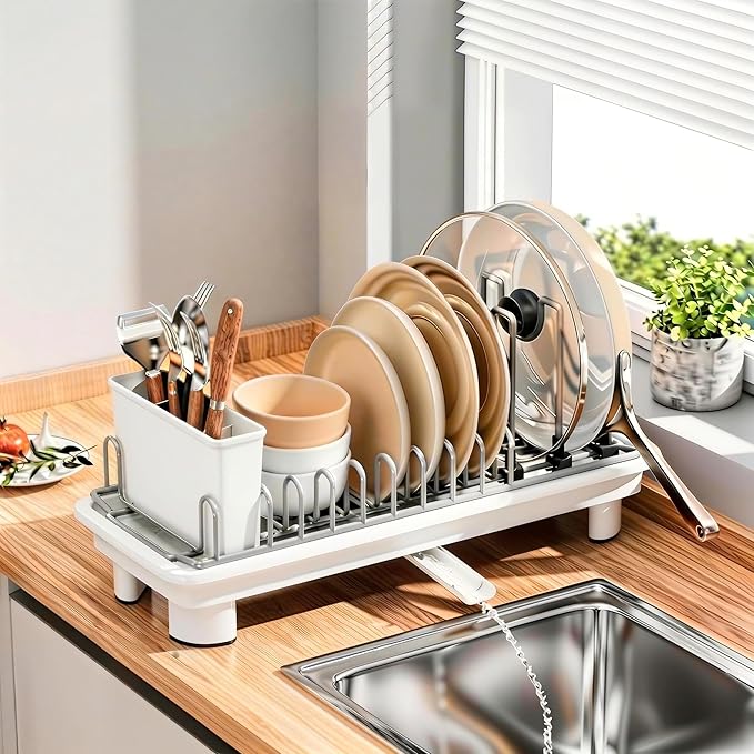Small Dish Drying Rack,Compact Dish Rack for Kitchen Counter with 360° Rotating Drain Spout and Utensil Holder,Stainless Steel Countertop Dish Drainer for Sink,Space-Saving Design for Small Kitchen