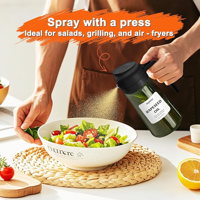 mqnxoi Oil Sprayer for Cooking, 2 in 1 Olive Oil Dispenser Bottle for Kitchen, 16oz/470ml Premium Glass, Food-grade Oil Mister for Air Fryer, Salad, Frying, BBQ (Black + Dark Green Bottle)