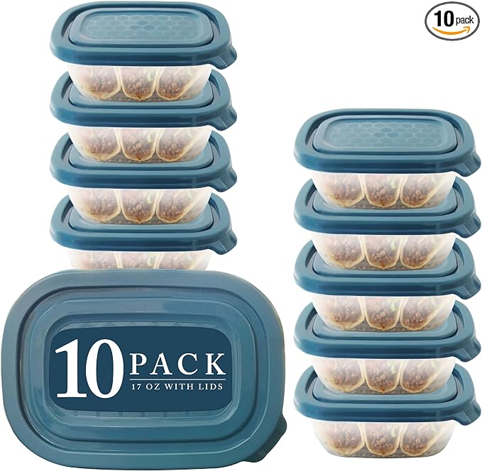 Neez 17OZ Small Freezer Storage Containers (2 Cups) - Plastic Food Storage Containers with Lids - Ideal For Snacks & Meal Prep - BPA Free, Reusable, Microwavable & Dishwasher Safe (10PCS - Blue Lids)