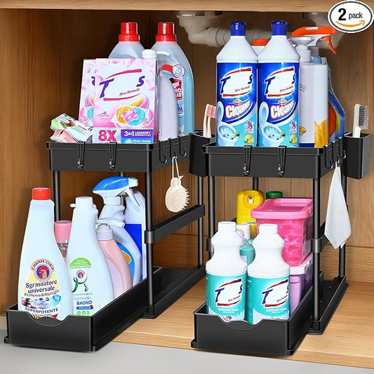 JPart Under Sink Organizer, Kitchen Organizers and Storage, 2-Tier Bathroom Cabinet Organizer with Sliding Drawers, Thickened Construction with Hooks Hanging Cup for Kitchen & Bathroom, 2 Pack
