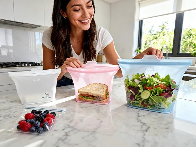 Reusable Silicone Food Storage Bags – 6 Pack Stand-Up Leakproof BPA-Free Silicone Bags for Meal Prep, Sandwich, Snacks & Freezer Storage (500ml, 1000ml, 1500ml)