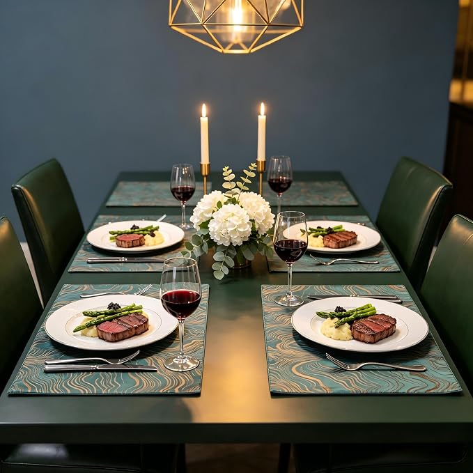 Green Placemats Set of 4, 12x18 Inch Modern Jacquard Woven Place Mats, Double Sided Reversible Non Slip Table Mats, Fade Resistant Irregular Woven Texture Dining Table Decor for Kitchen