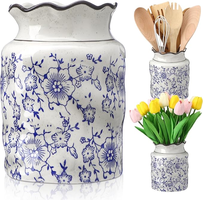 LemonRoad Chinoiserie Floral Ceramic Utensil Holder Blue and White Floral Cooking Utensil Crock with Scalloped Edge Vintage Chinese Style Organizer Vase Decor for Kitchen Countertop Housewarming Gift