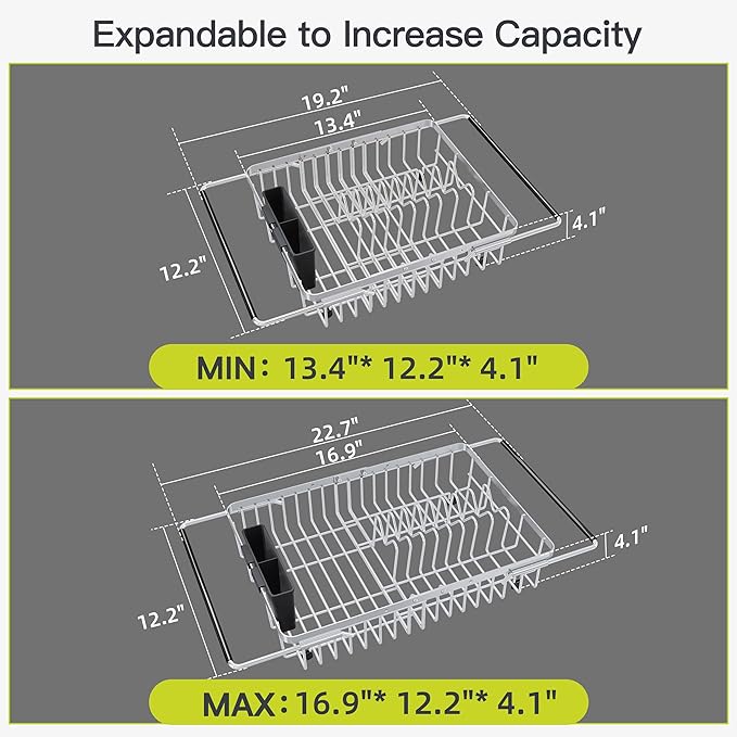 JASIWAY Expandable Stainless Steel Dish Drying Rack Over The Sink For Small Kitchen, Counter Space Saving Compact Plate Drainer Strainer, Adjustable Hanging Metal Dish Dryer Holder with Utensil Holder