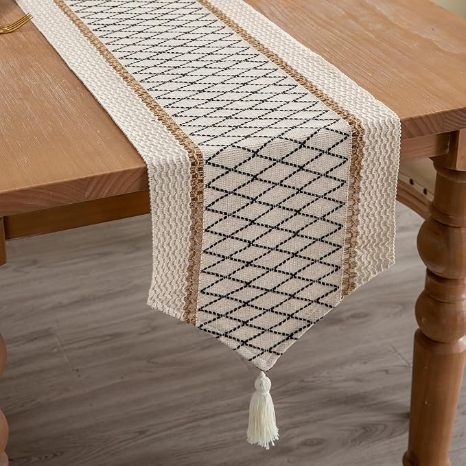 Table Runner, Boho Style with Tassels, Cotton & Linen, Farmhouse Home Decor for Living Room Dresser Scarfs (12x36Inch, Black & Beige)