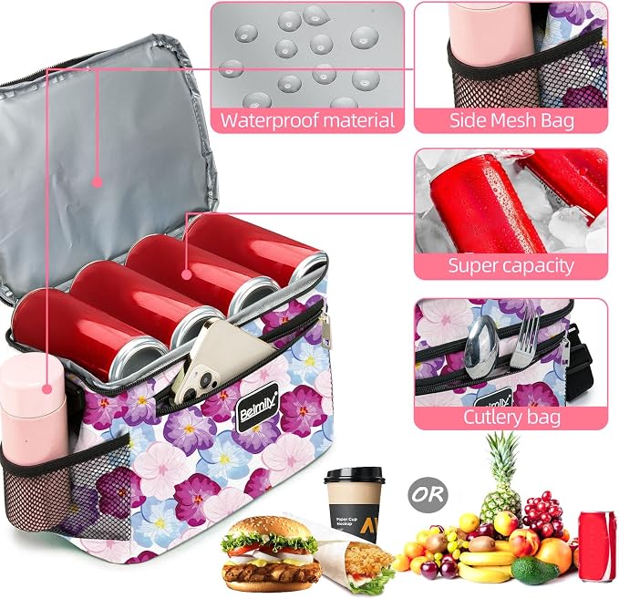 BEIMILY Lunch Bag for Women/Men,Reusable Lunch Box Small Lunch Bag Soft Sided,Leakproof Cooler Bag for Office Work Picnic Beach with Adjustable Shoulder Strap (lily flower)