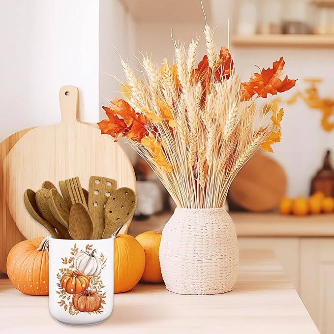JarThenaAMCS Fall Ceramic Utensil Holder Watercolor Pumpkin Leaves Utensil Crock for Autumn Harvest Thanksgiving Home Kitchen Countertop Storage Organizer Container