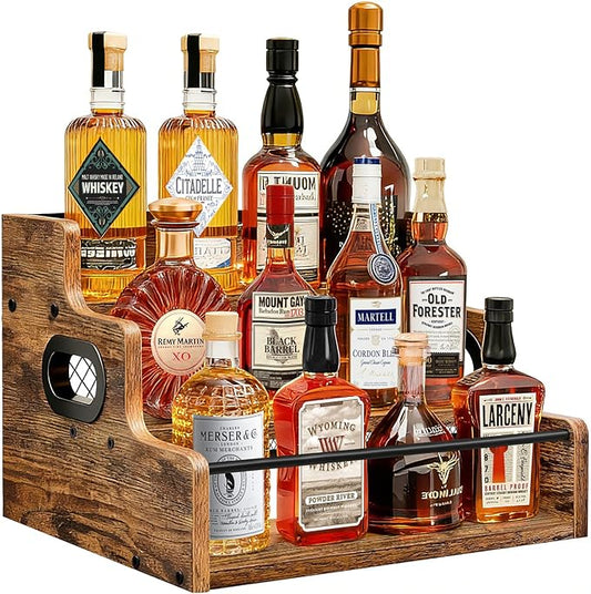 Homode Liquor Bottle Display Shelf, 3 Step Coffee Syrup Rack Organizer, Countertop Liquor Wine Rack, Mini bar, Liquor Cabinet, Home Retro Bar Shelf Stand for Whiskey Alcohol Drink