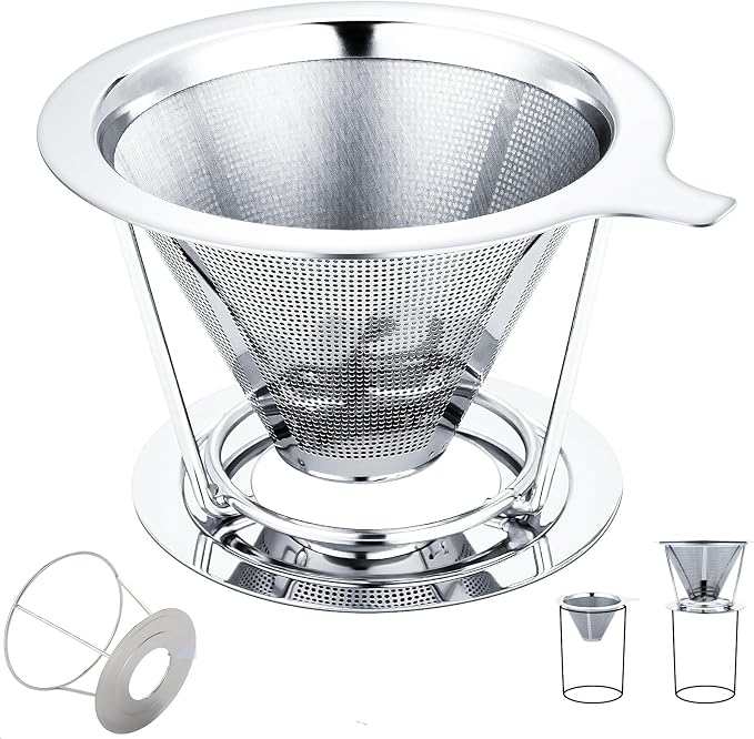 Pour Over Coffee Maker,Coffee Filter,Slow Drip Paperless Stainless Steel Cone Coffee Dripper(1-2 Cup)