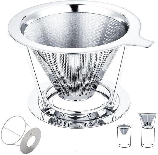 Pour Over Coffee Maker,Coffee Filter,Slow Drip Paperless Stainless Steel Cone Coffee Dripper(1-2 Cup)