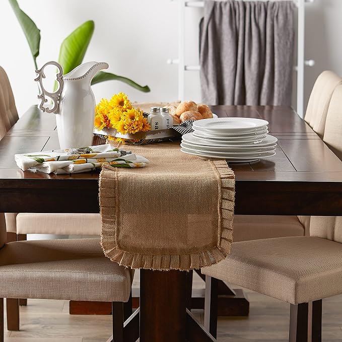 DII Jute Burlap Collection Kitchen Tabletop, Table Runner, 14x108, Ruffle Trim Natural
