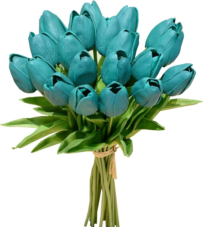 Mandy's Teal Artificial Tulips Flowers Centerpiece, 13.5" Lifelike PU Fake Floral Stems 20pcs for Kitchen Island & Dining Table, Spring Decor for Easter