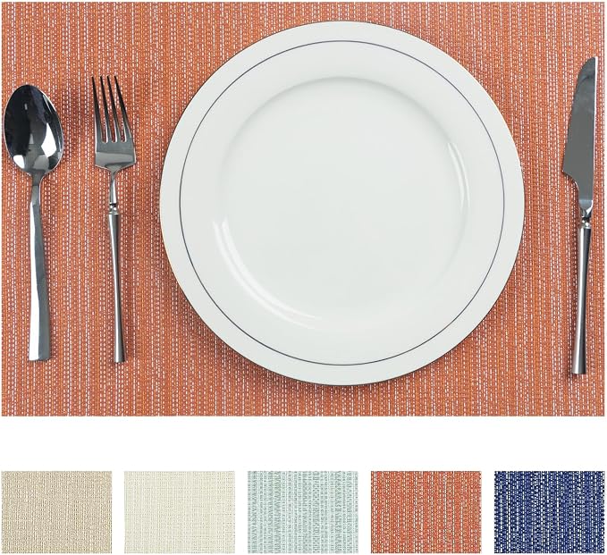 AHHFSMEI Placemats Set of 6 Washable Woven Vinyl Placemats for Dining Table Heat Resistant Non-Slip Stain Resistant Table Mats for Kitchen & Home Decor(Multi Orange,6)