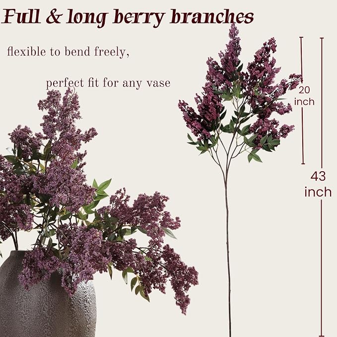 43" Faux Berry Stems for Vase, Purple Berry Branches for Vase Realistic Artificial Flower Picks for DIY Bouquet, Shower, Farmhouse Mantel, Home Decor (3 Pcs Dusty Plum)