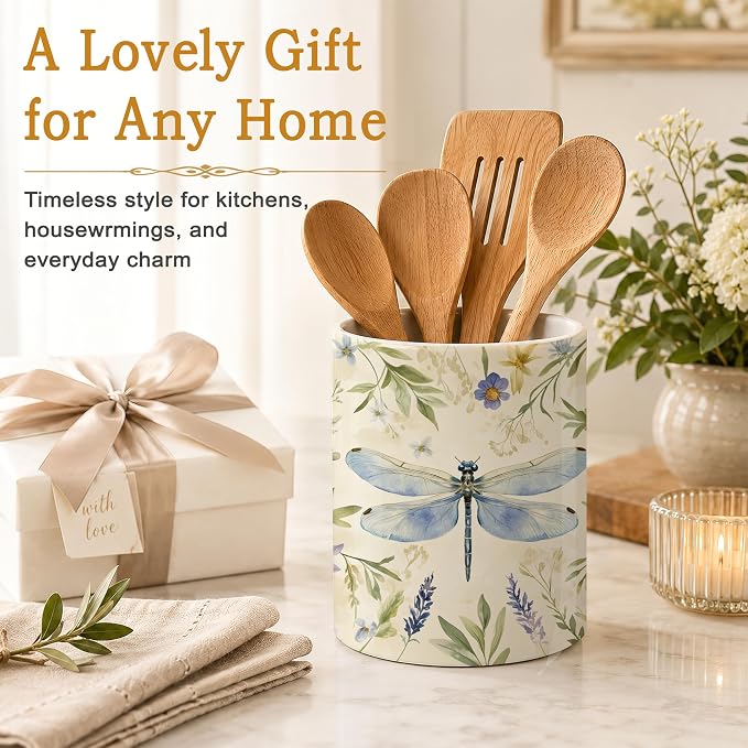 Dragonfly Utensil Holder for Countertop,Flower Plant Retro Ceramic Utensil Crock Organizer for Home Kitchen Spoons,Spatulas and Cooking Tools