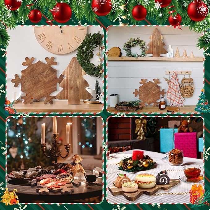 Umigy 2 Pcs Christmas Charcuterie Boards Christmas Tree Wooden Cutting Board with Handle Antler Acacia Wood Cute Cutting Board for Cheese Fruit Bread Salad Vegetables Snack Dessert(Snowflake Style)
