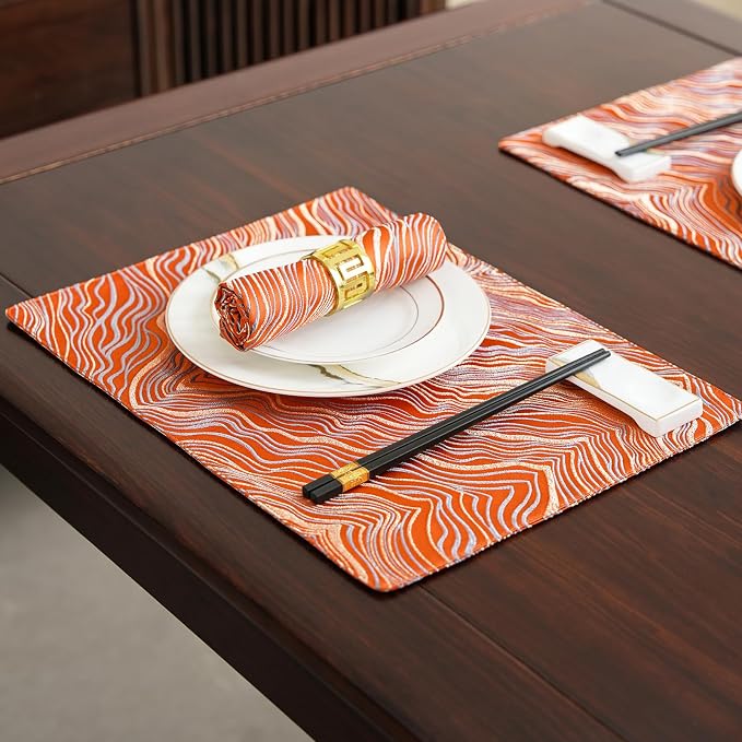 Orange Placemats Set of 6, 12x18 Inch Mountain-Inspired Jacquard Place Mats, Double Sided Reversible Non Slip, Irregular Woven Texutre Table Mats, Modern Dining Table Decor for Kitchen