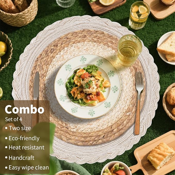 Handmade Round Boho Placemats Set of 4 | Natural Woven & Polyester Braided Combo Table Mats | 8-Piece Versatile Place Mats | Simple Rustic Farmhouse Style Dining Table Decor