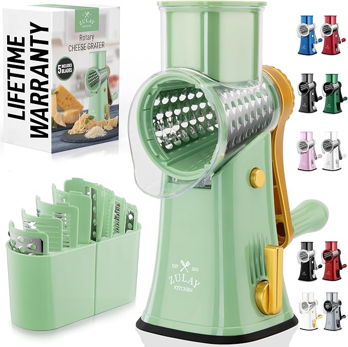 Zulay Kitchen Rotary Cheese Grater 5 Blade Cheese Shredder - Manual Hand Crank Cheese Grater With Reinforced Suction & 5 Interchangeable Drums - Easy to Use, Vegetable Chopper Round Mandoline Slicer