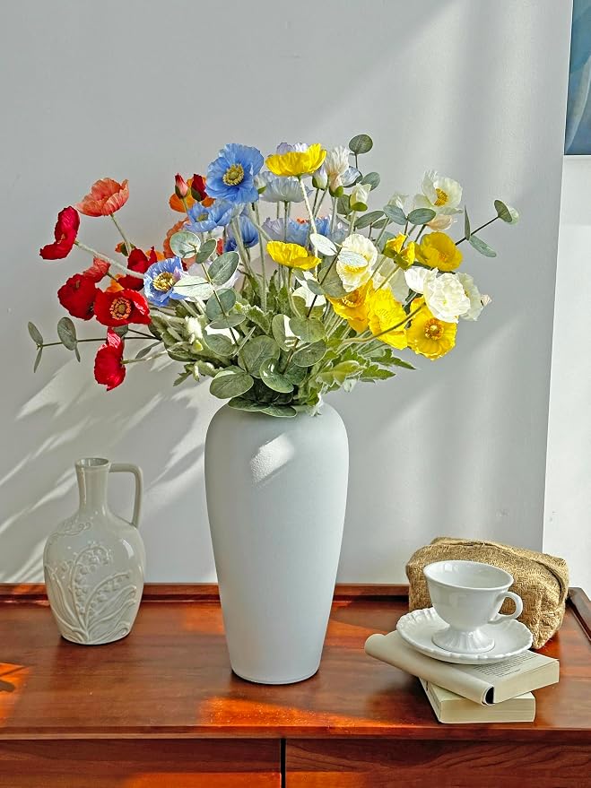 Artificial Flowers of Poppies and Eucalyptus Stems, Red and Orange Flowers Artificial for Vase, Silk Flowers Arrangement for Wedding Party Farmhouse Home Office Table Centerpieces Decoration