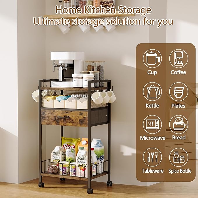 Small Coffee Bar Cart with Drawer Srorage, Office Coffee Bar Station Organizer Mug Cup Holder Stand, K Cup Holder Rack for Home Buffets & Sideboards for Kichen, Entryway, Living Room (Black)