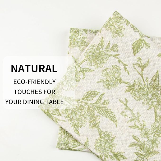 QiyI Boho Placemats Set of 6, 12x18 Inch Linen Fabric Floral Place Mats for Kitchen Dinning, Farmhouse Rustic Cloth Table Mats, Washable Placemat Party Table Décor, Green Botanical Art