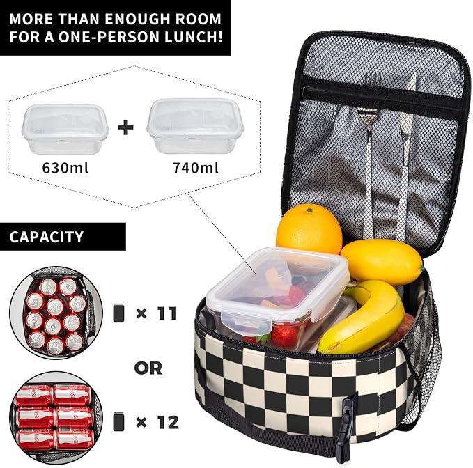 Black White Checkered Lunch Box Insulated Lunch Bag for Adult Women Men Reusable Aesthetic Tote Lunchbox Container Work Outdoor Picnic Hiking