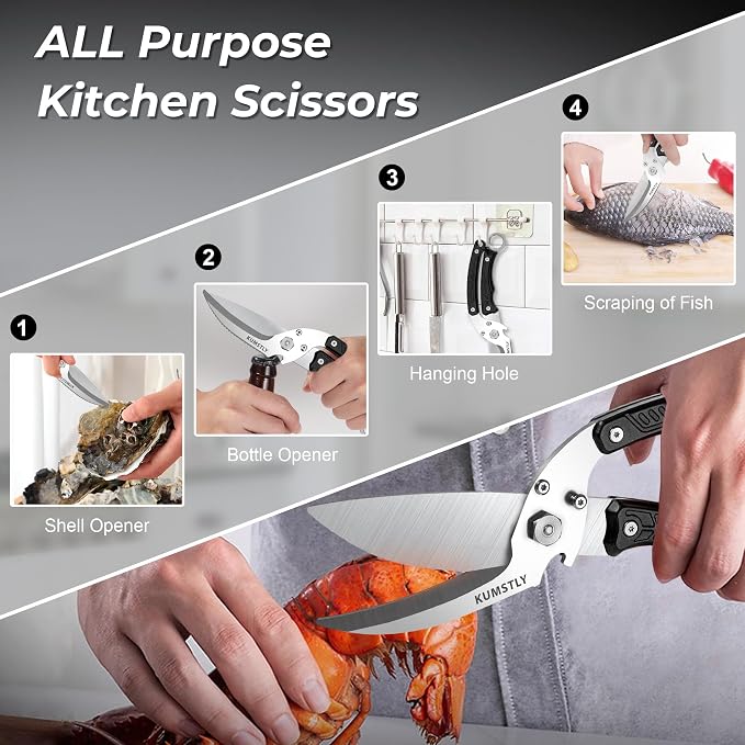 Kitchen Scissors All Purpose Kitchen Shears Heavy Duty for Cutting Chicken, Turkey, Meat, Bones, Vegetables Stainless Steel Spatchcock Shears Multipurpose Food Scissors (Black)