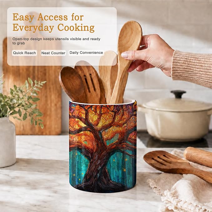 Tree of Life Kitchen Utensil Holder,Shining Brightly Large Ceramic Utensil Crock for Countertop,Cooking Utensil Organizer for Spatulas,Spoons