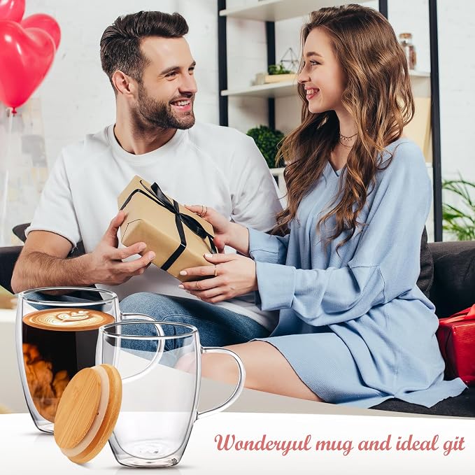 4 Pack 12oz Double Walled Glass Coffee Mugs with Bamboo Lid/Spoon, Clear Coffee Cups and Mugs Set of 4, Cappuccino Latte Glasses Cups, Espresso Mug Cups for Latte, Hot/Cold Drink