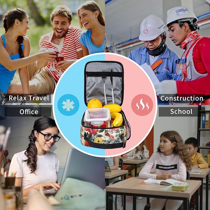 Floral Lunch Box for Adults Women Girls Boys Kids Butterfly Flower Lunch Box Insulated Cooler Reusable Lunch Bag Container Gifts for Work Office Picnic Travel School
