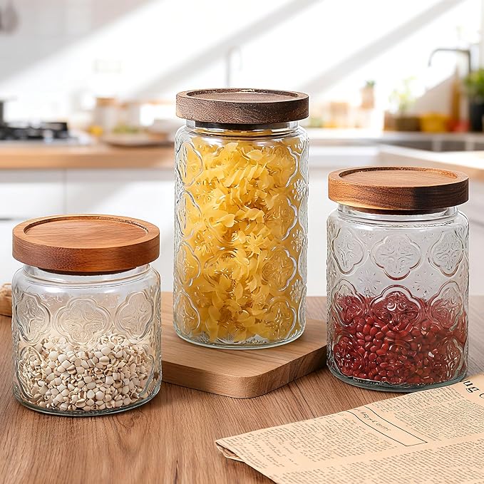 SHENLIU 3Pcs 17/24/34 oz Glass Jar with Airtight Lid, Vintage Food Storage Containers Set Food Jars Canisters for Kitchen Counter Pantry, Sugar, Flour, Candy, Tea, Coffee Beans, Oats, Grain Bin, Pasta