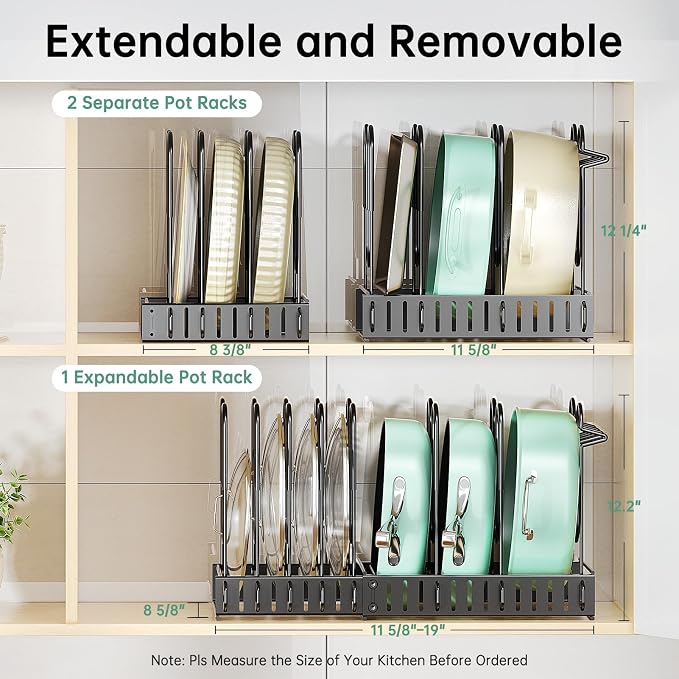 ORDORA Pots and Pans Organizer under Cabinet, 8 Tier Pot Organizers Rack Expandable 11.65" to 19.02" Height with 3 DIY Methods, Adjustable Pan Organizer inside Cabinet Kitchen Storage Organization