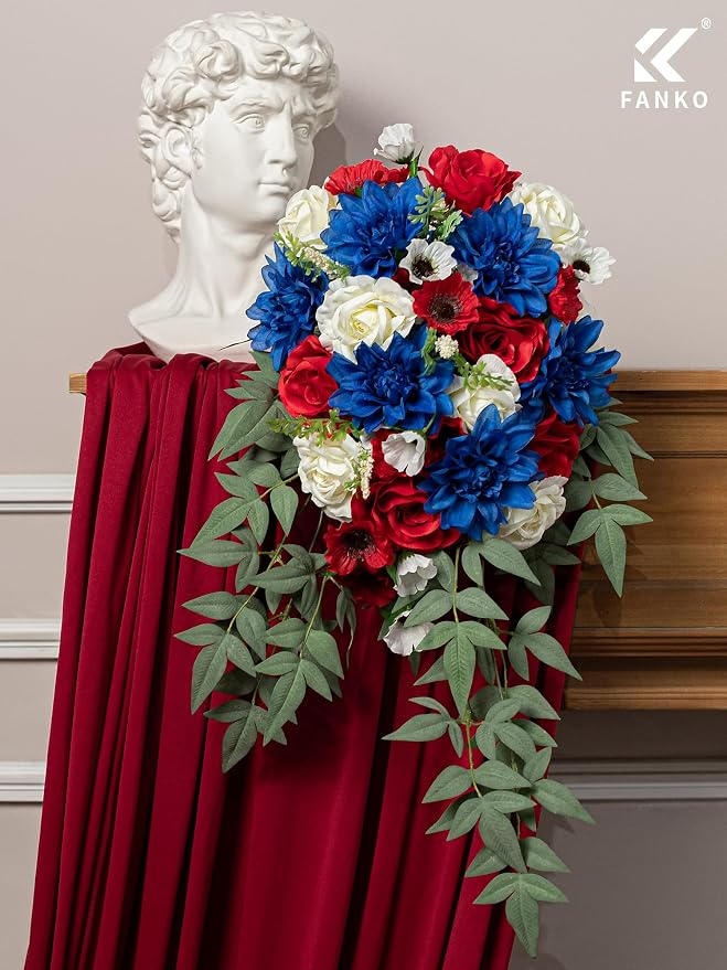 FANKO Artificial Flowers for DIY, Red White Blue Faux Flowers Bouquet, Fake Rose Poppy Dahlia Silk Flowers for 4th of July, Home Decor, Garland, Patriotic Holidays, Memorial Day, Summer Party