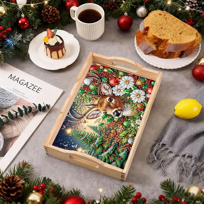 DIY Diamond Serving Tray with Handle Handmade Gem Painting Wooden Rectangular Breakfast Tray for Dinner Plate Coffee Room Living Home Organizer-Christmas Deer