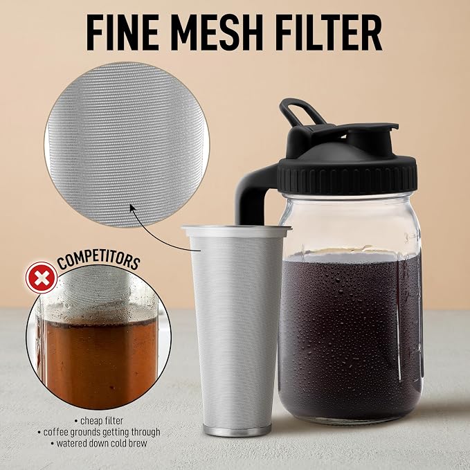 Zulay Premium Cold Brew Coffee Maker - 32oz Mason Jar With Leak-Proof Lid & Extra-Thick Glass - Fine-Mesh Stainless Steel Filter For Smooth Cold Brew & Iced Tea - Black
