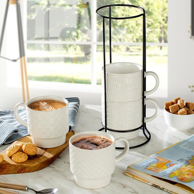 Signature Housewares Stackable Coffee Mug Tower Set with Metal Wire Rack - 15 Ounce Coffee Mugs for Coffee, Tea, Cocoa, Milk, Cappuccino, Hot Chocolate Set of 4 - White Glazed Ceramic