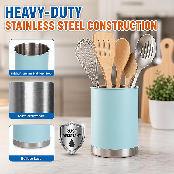 Creative Home Stainless Steel Utensil Holder– 6.3" Large Cooking Tool Organizer for Kitchen Decor and Countertop Storage, Stable Anti-Tip Design, Durable Powder-Coated Finish, Ocean Blue