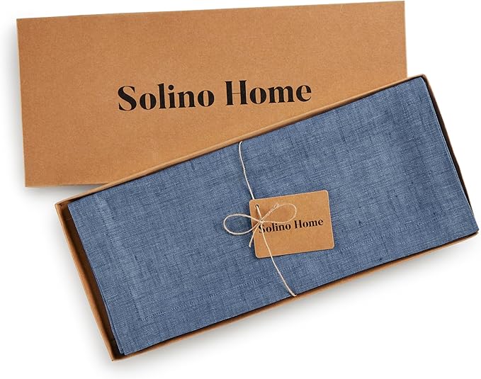 Solino Home Linen Table Runner 72 Inches Long - Athena, 100% Pure Linen Blue Denim Dining Table Runner 14 x 72 Inch for Spring, Summer