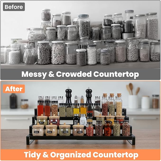 Spice Rack Organizer for Cabinet, Expandable 3 Tiered Spice Rack, Metal Spices Organizer, Display Shelf Organizers for Cabinet, Countertop, Pantry, Cupboard (Black)