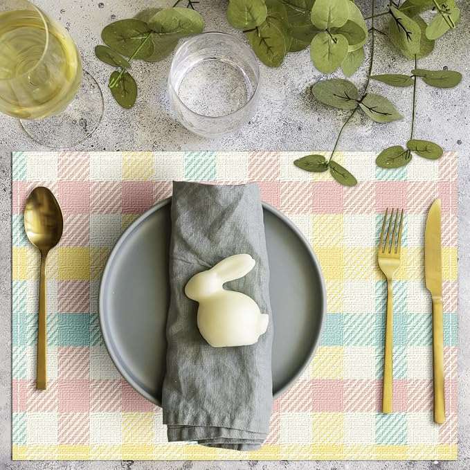 Niviy Buffalo Plaid Blue Pink Yellow Spring Easter Placemats Set of 4, 12x18 Inch Table Mat Easter Placemat Decor for Holiday Party Kitchen Dining Room Decoration