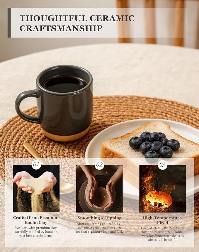 OTAGO Coffee Mugs for 4, 12 oz Mug Set, Partially Unglazed Base,Dringking Cup with Handle for Coffee, Tea, Cocoa, Milk, Gray