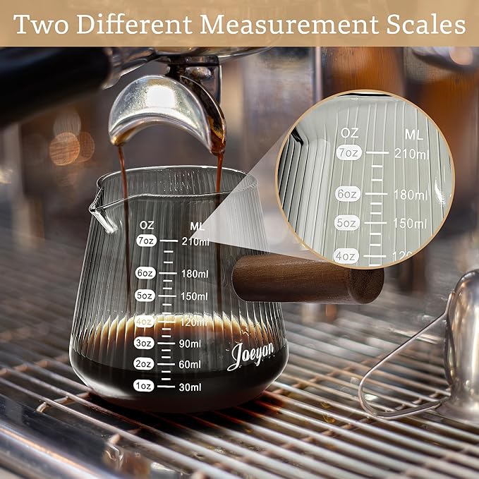 Joeyan Espresso Measuring Cup, 7oz Gray Espresso Shot Cups with Handle, Double Scale Glass Measuring Cup with Spout, Ribbed Milk Frothing Pitcher, Espresso Machine Coffee Bar Accessories