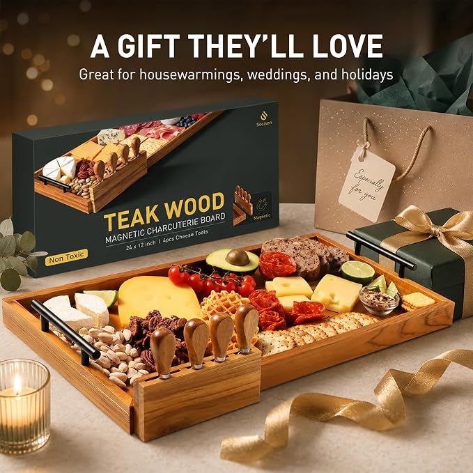 24" Teak Wood Large Charcuterie Tray with Handles, Extra Long Wooden Serving Cheese Boards 05
